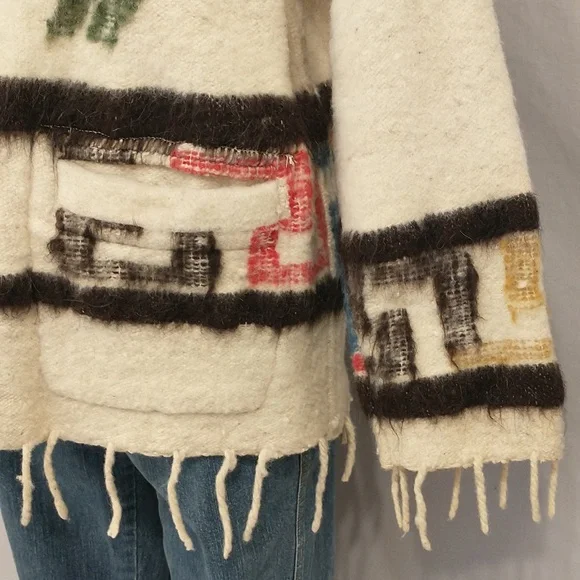 Vintage 70s Wool Jacket Love Birds Hand Crafted South American Woven w Fringe - Picture 5 of 16